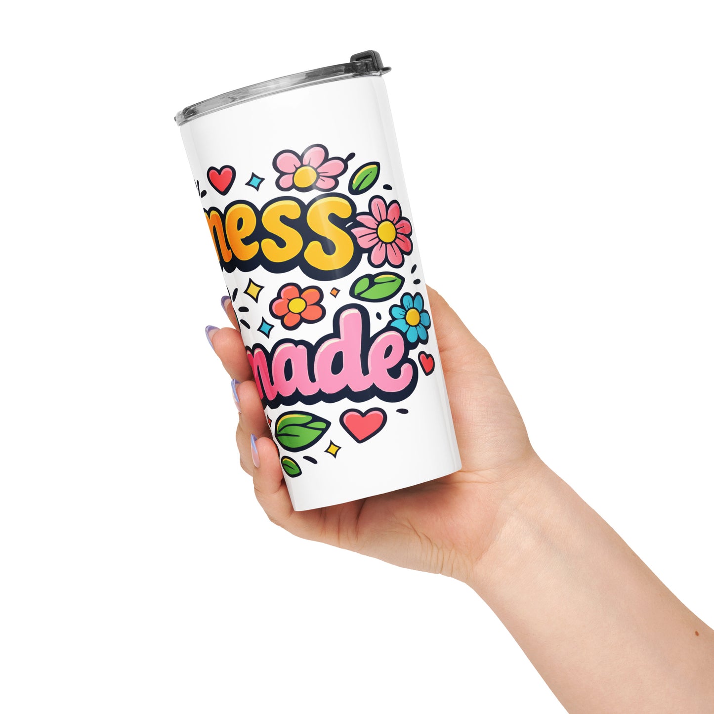 Groovy retro travel mug with 'Happiness is Homemade' text, surrounded by 70s flowers and hearts