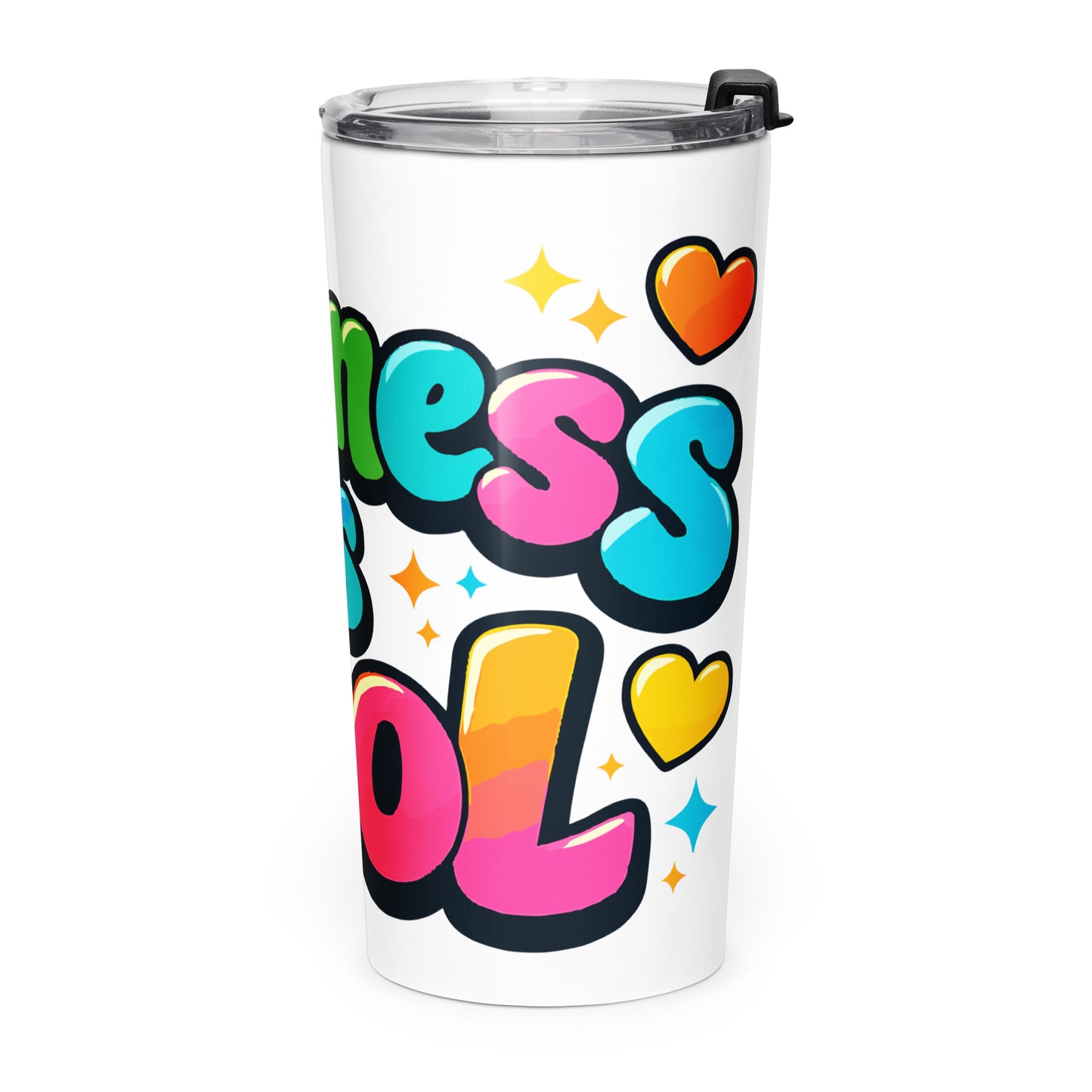 Colorful 3D bubble text reading Kindness is Cool with bright hearts and stars on a black background for a travel mug.