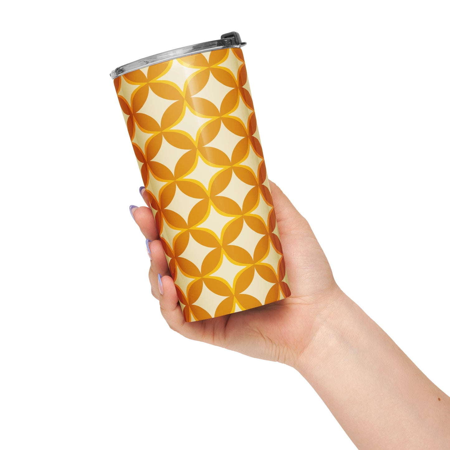 Insulated travel mug with a 1970s retro geometric pattern of interlocking orange and mustard petal shapes.