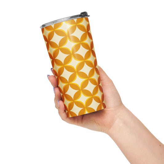 Insulated travel mug with a 1970s retro geometric pattern of interlocking orange and mustard petal shapes.