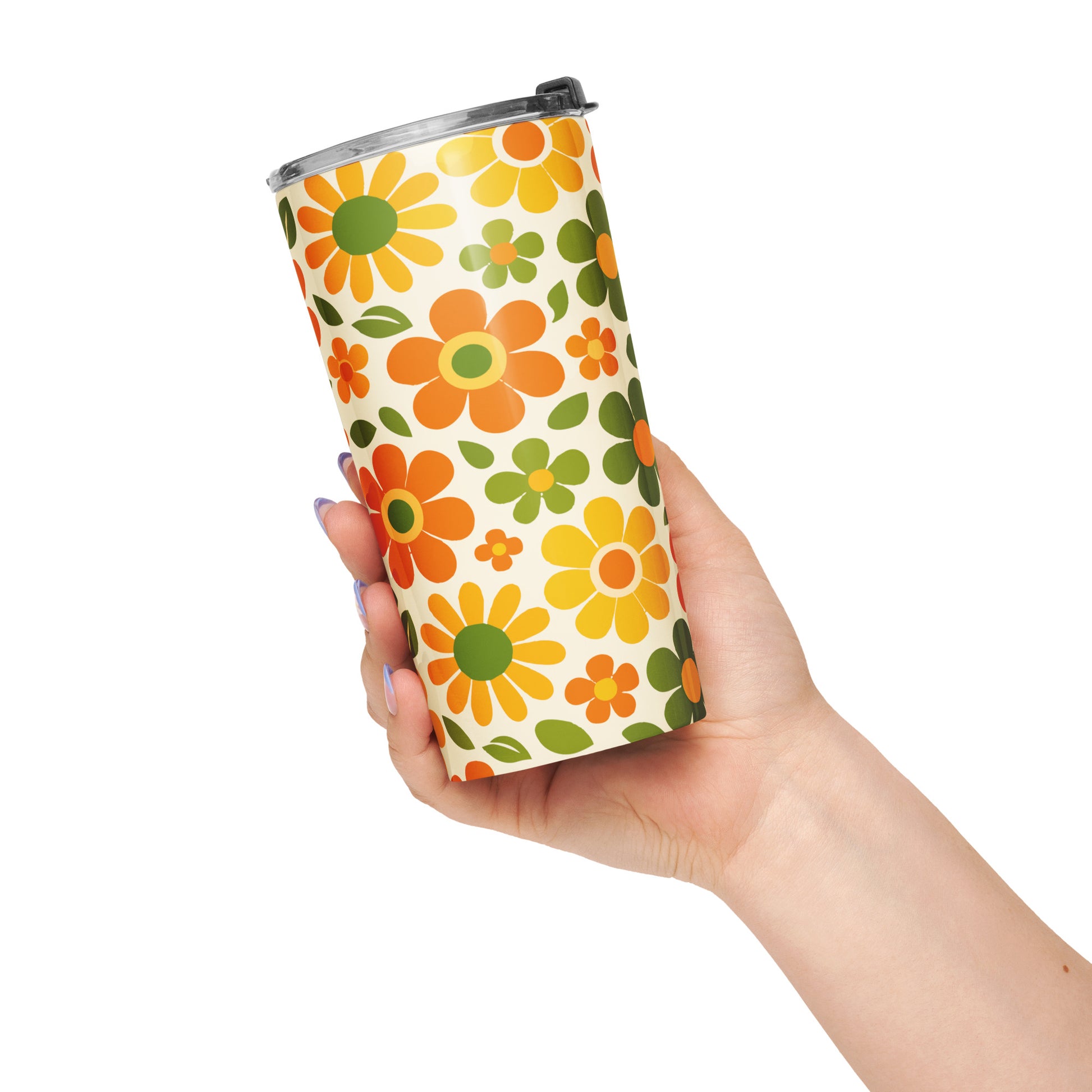 Groovy 1970s retro flower power floral pattern wrapping a stainless steel travel mug with vibrant orange daisy details.