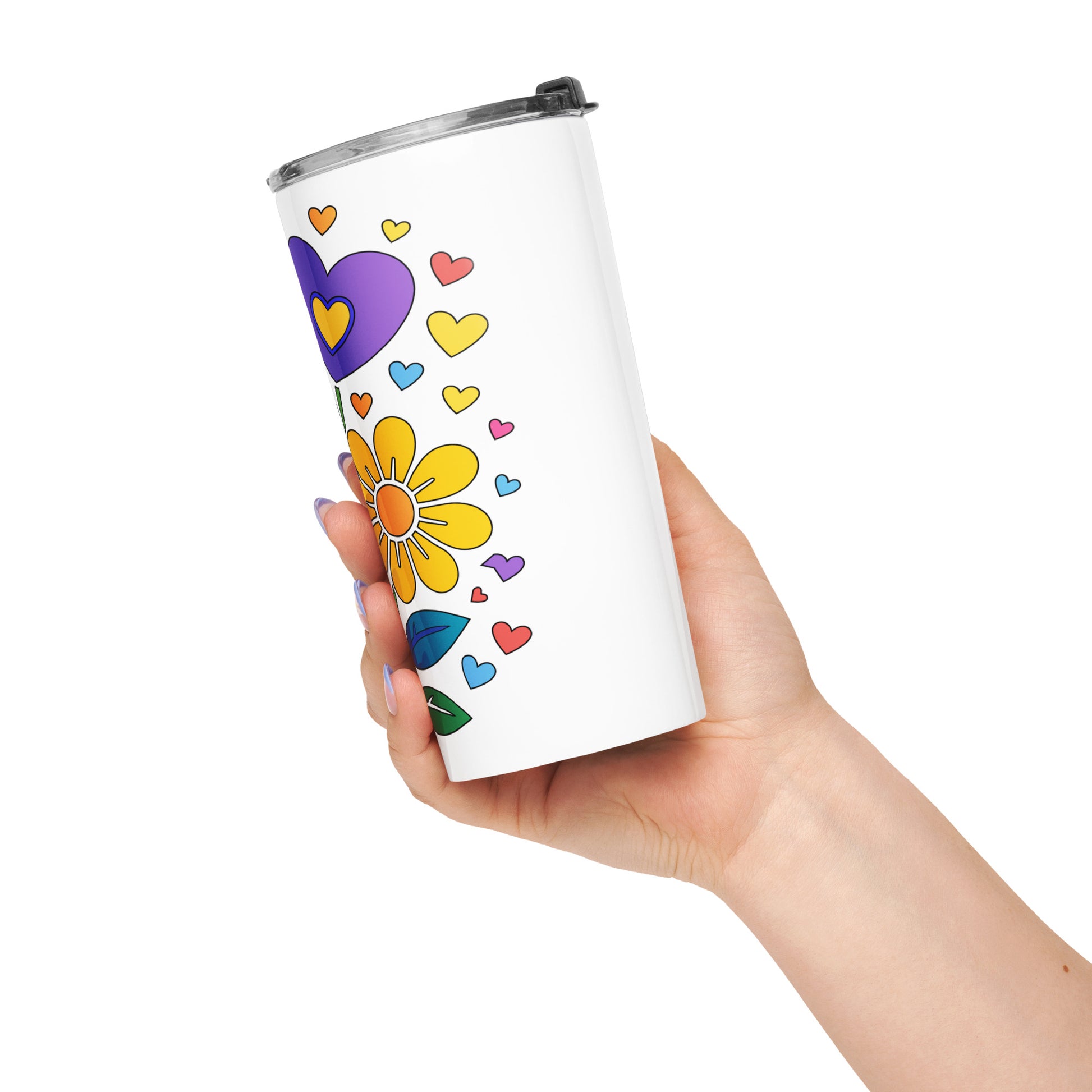 Bright 70s retro style illustration of pink and yellow daisy flowers with colorful heart bouquets. Faroutgoods