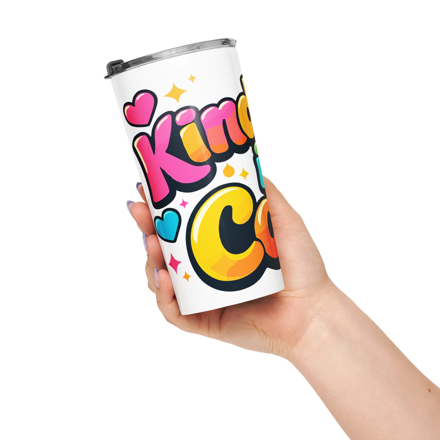 Colorful 3D bubble text reading Kindness is Cool with bright hearts and stars on a black background for a travel mug.