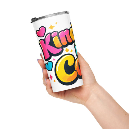 Colorful 3D bubble text reading Kindness is Cool with bright hearts and stars on a black background for a travel mug.