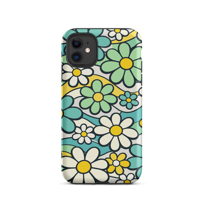 Protective iPhone case featuring a seamless 70s retro floral pattern with teal and yellow daisies and wavy lines.