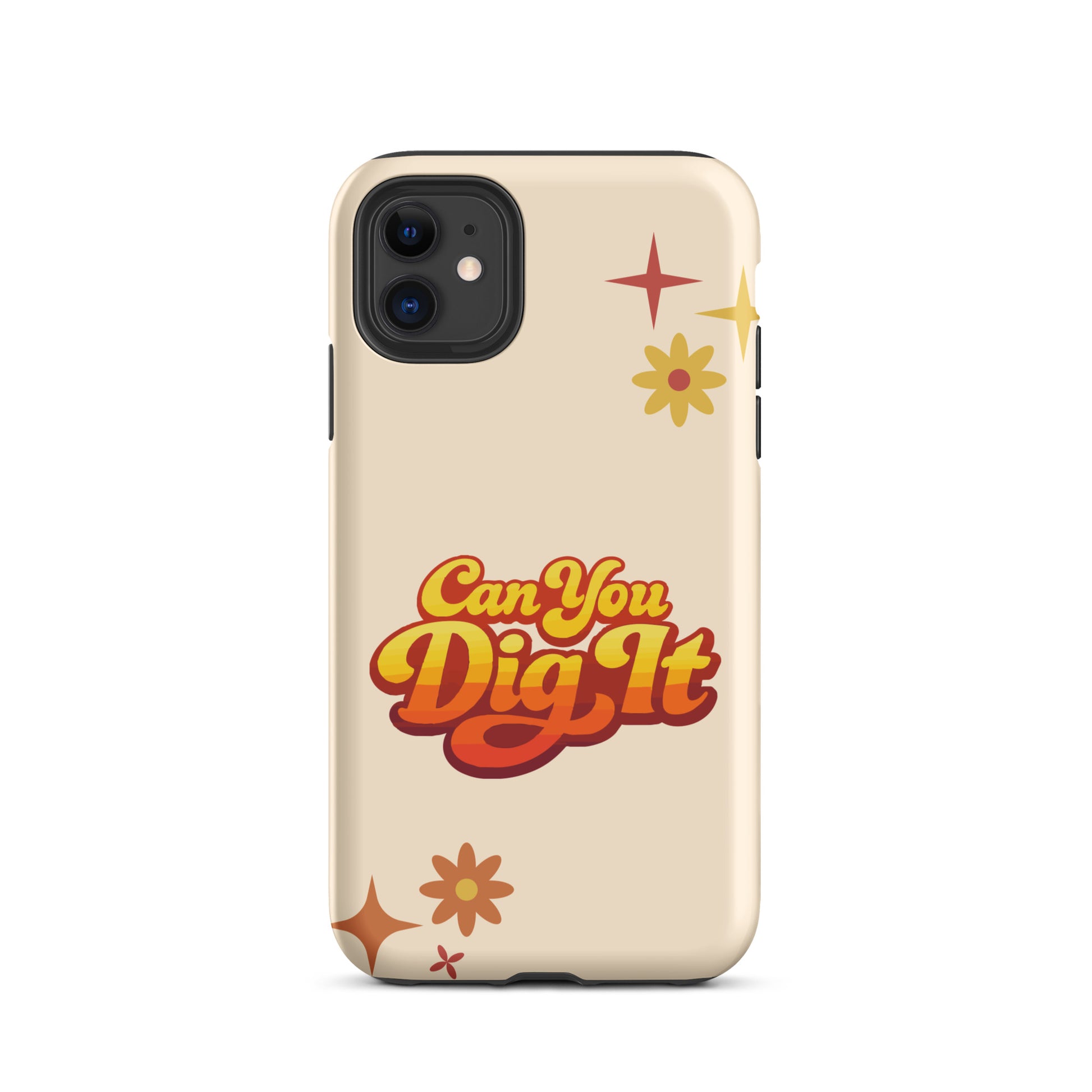 Retro 70s style typography reading Can You Dig It in sunset orange and yellow gradient on a black iPhone case.