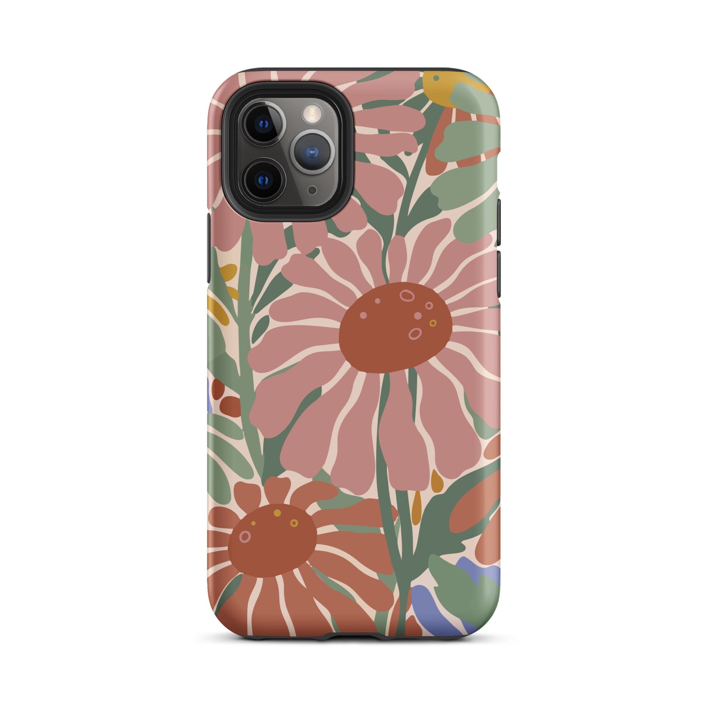 70s style flower power pattern with pink, green, and orange daisies on a bohemian iPhone phone case.