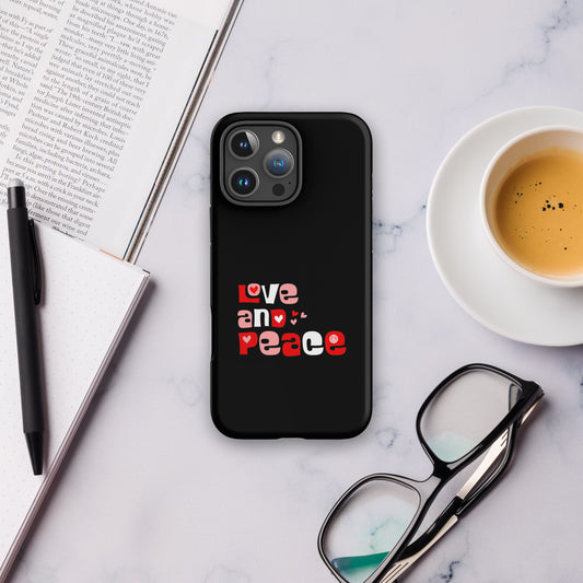 iPhone Tough Case featuring retro Love and Peace aesthetic typography in a vibrant 1970s groovy font and vintage colors.