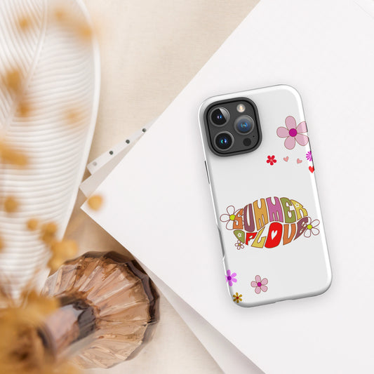 iPhone Tough Case with retro Summer of Love psychedelic typography, featuring vibrant orange and pink 1960s-style lettering.
