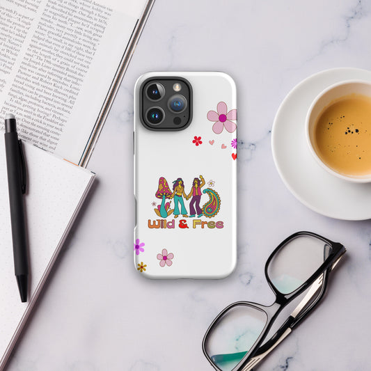 Retro 1960s-style "Wild and Free" iPhone case featuring a colorful hippie couple illustration with vintage floral patterns and groovy psychedelic art.