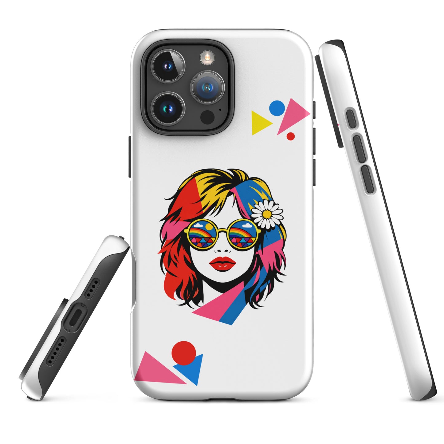 Retro pop art illustration of a woman with rainbow reflection sunglasses and a daisy in her hair on an iPhone case.