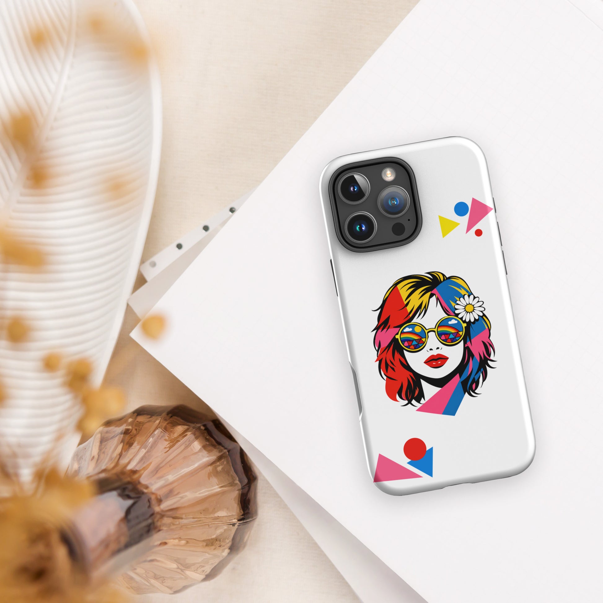 Retro pop art illustration of a woman with rainbow reflection sunglasses and a daisy in her hair on an iPhone case.