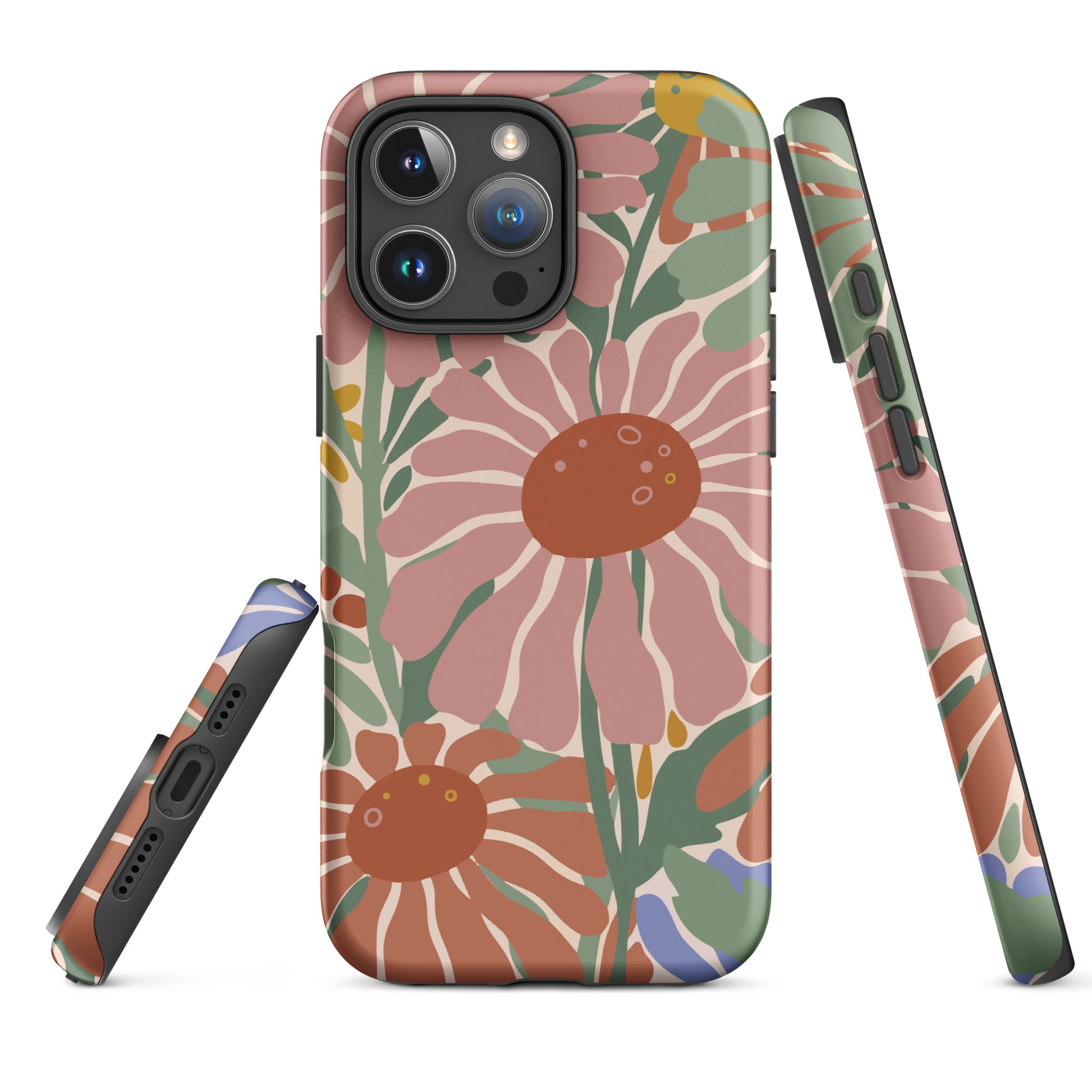 70s style flower power pattern with pink, green, and orange daisies on a bohemian iPhone phone case.