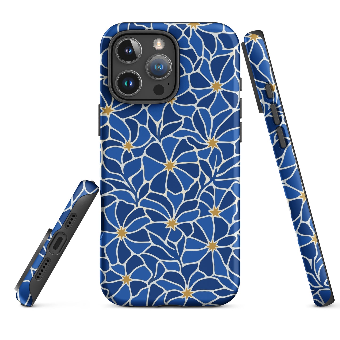 Vibrant blue mosaic floral pattern iPhone case with navy petals and gold star centers by Far Out Goods.