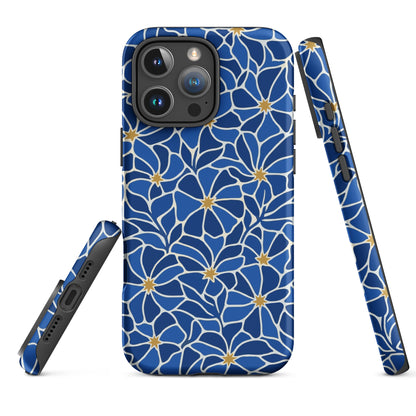 Vibrant blue mosaic floral pattern iPhone case with navy petals and gold star centers by Far Out Goods.