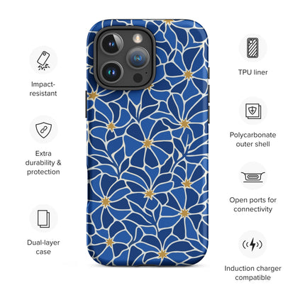 Vibrant blue mosaic floral pattern iPhone case with navy petals and gold star centers by Far Out Goods.
