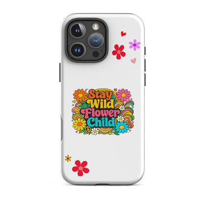 Stay Wild Flower Child retro 70s hippie typography with colorful daisies and psychedelic swirls on an iPhone case.
