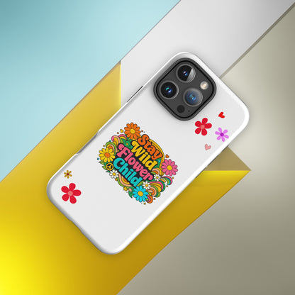 Stay Wild Flower Child retro 70s hippie typography with colorful daisies and psychedelic swirls on an iPhone case.
