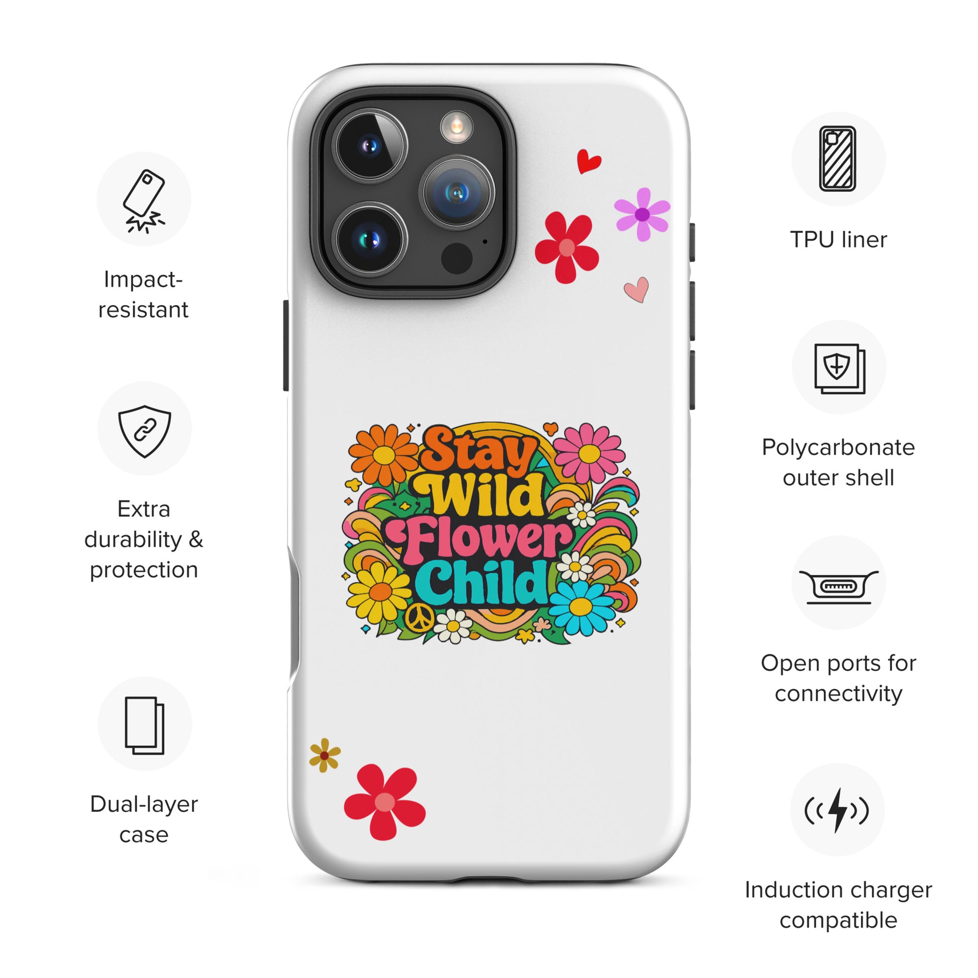 Stay Wild Flower Child retro 70s hippie typography with colorful daisies and psychedelic swirls on an iPhone case.