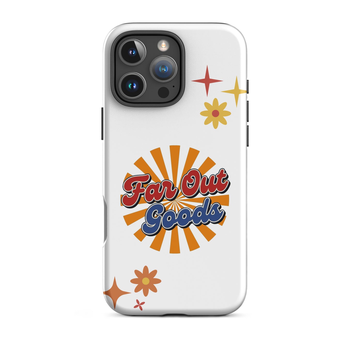 Far Out Goods logo in red and blue script over a bright 1970s sunset sunburst background on an iPhone case.