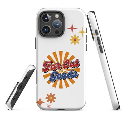 Far Out Goods logo in red and blue script over a bright 1970s sunset sunburst background on an iPhone case.