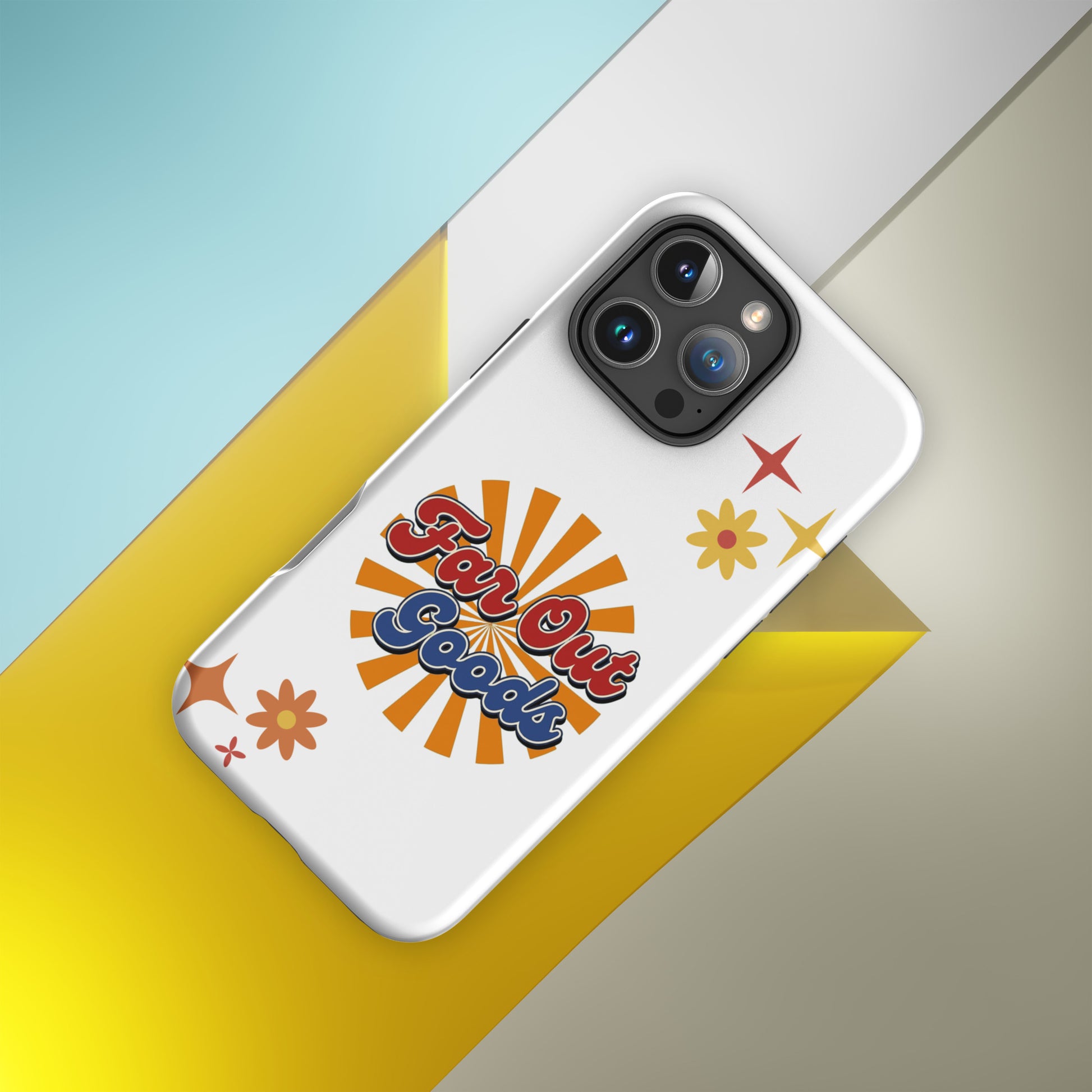 Far Out Goods logo in red and blue script over a bright 1970s sunset sunburst background on an iPhone case.