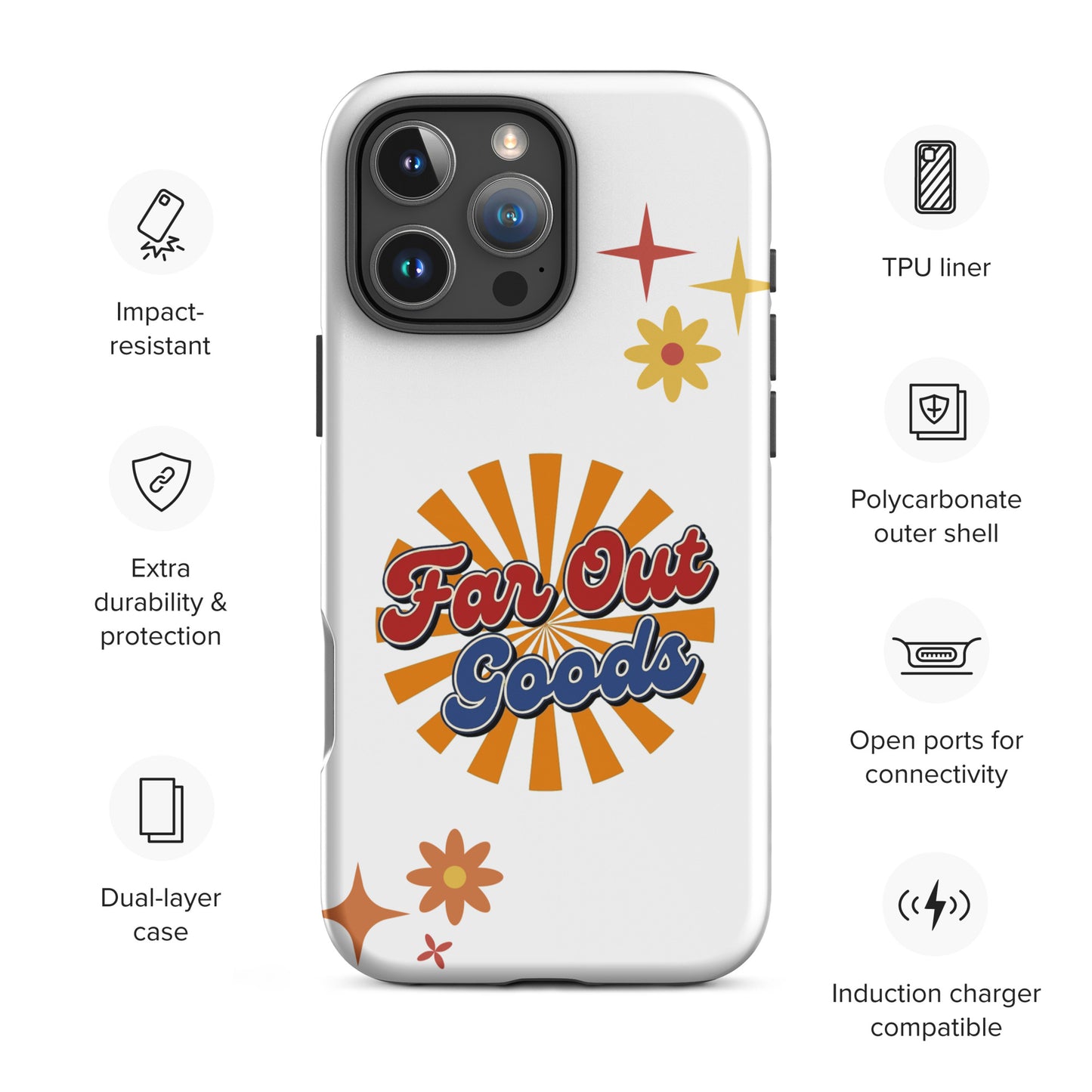 Far Out Goods logo in red and blue script over a bright 1970s sunset sunburst background on an iPhone case.