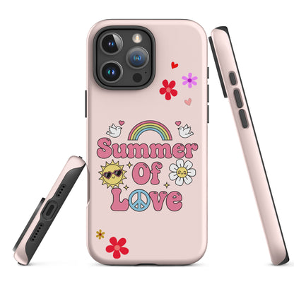 Retro "Summer of Love" design with pink bubble letters, a rainbow, peace sign, and smiling daisy on a black iPhone case.