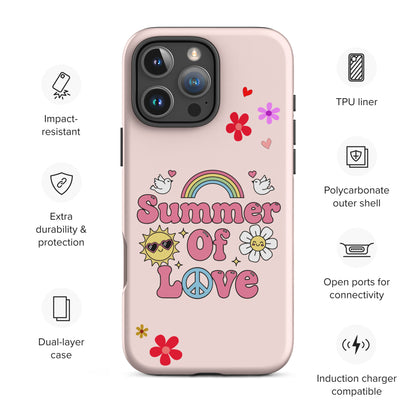 Retro "Summer of Love" design with pink bubble letters, a rainbow, peace sign, and smiling daisy on a black iPhone case.