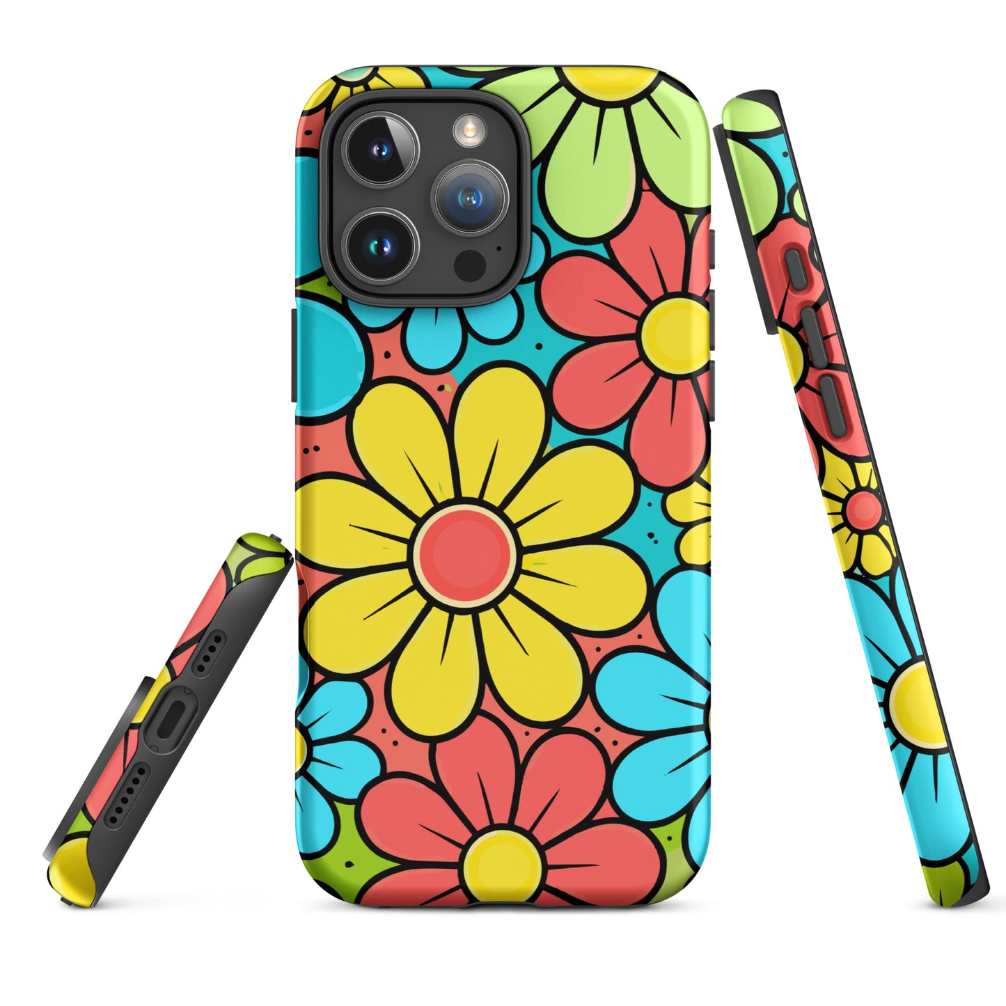Vibrant retro 70s flower power pattern with teal, yellow, and lime blossoms on a protective iPhone case.