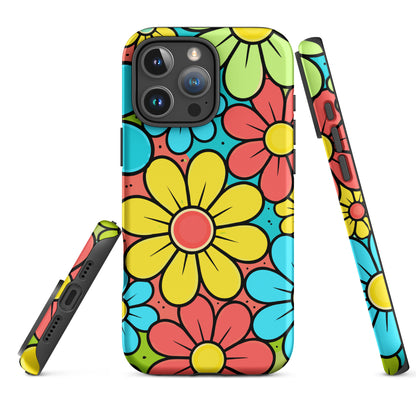 Vibrant retro 70s flower power pattern with teal, yellow, and lime blossoms on a protective iPhone case.