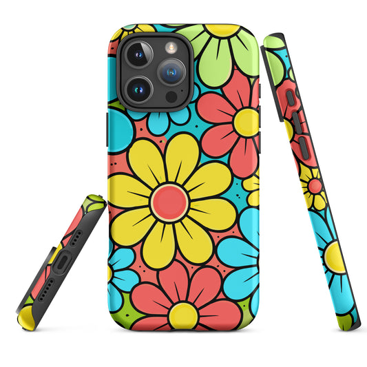 Vibrant retro 70s flower power pattern with teal, yellow, and lime blossoms on a protective iPhone case.