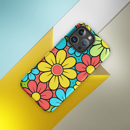 Vibrant retro 70s flower power pattern with teal, yellow, and lime blossoms on a protective iPhone case.