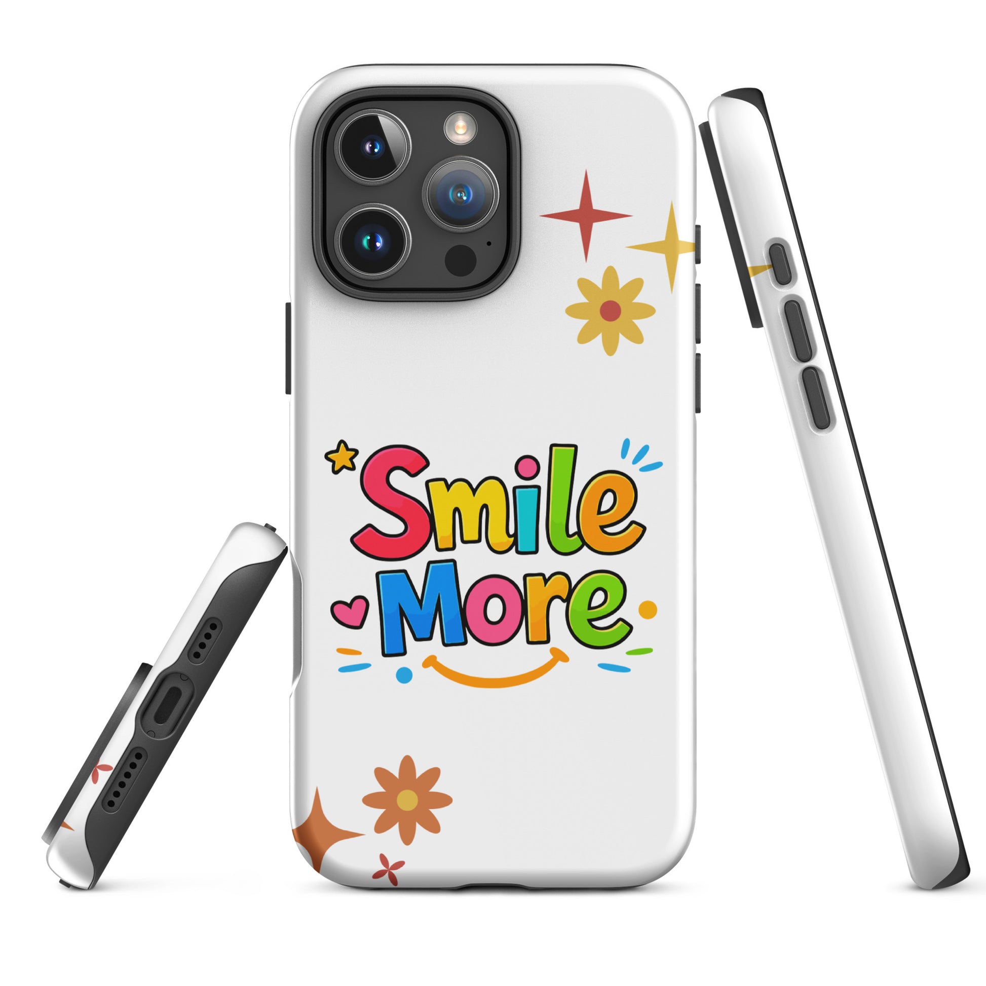 Smile More, bubbly lettering with a yellow sun-smile and pink heart on a black protective iPhone case