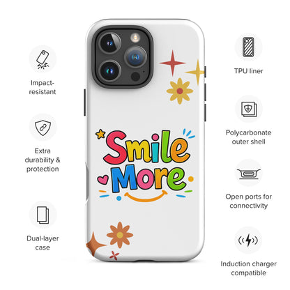 Smile More, bubbly lettering with a yellow sun-smile and pink heart on a black protective iPhone case