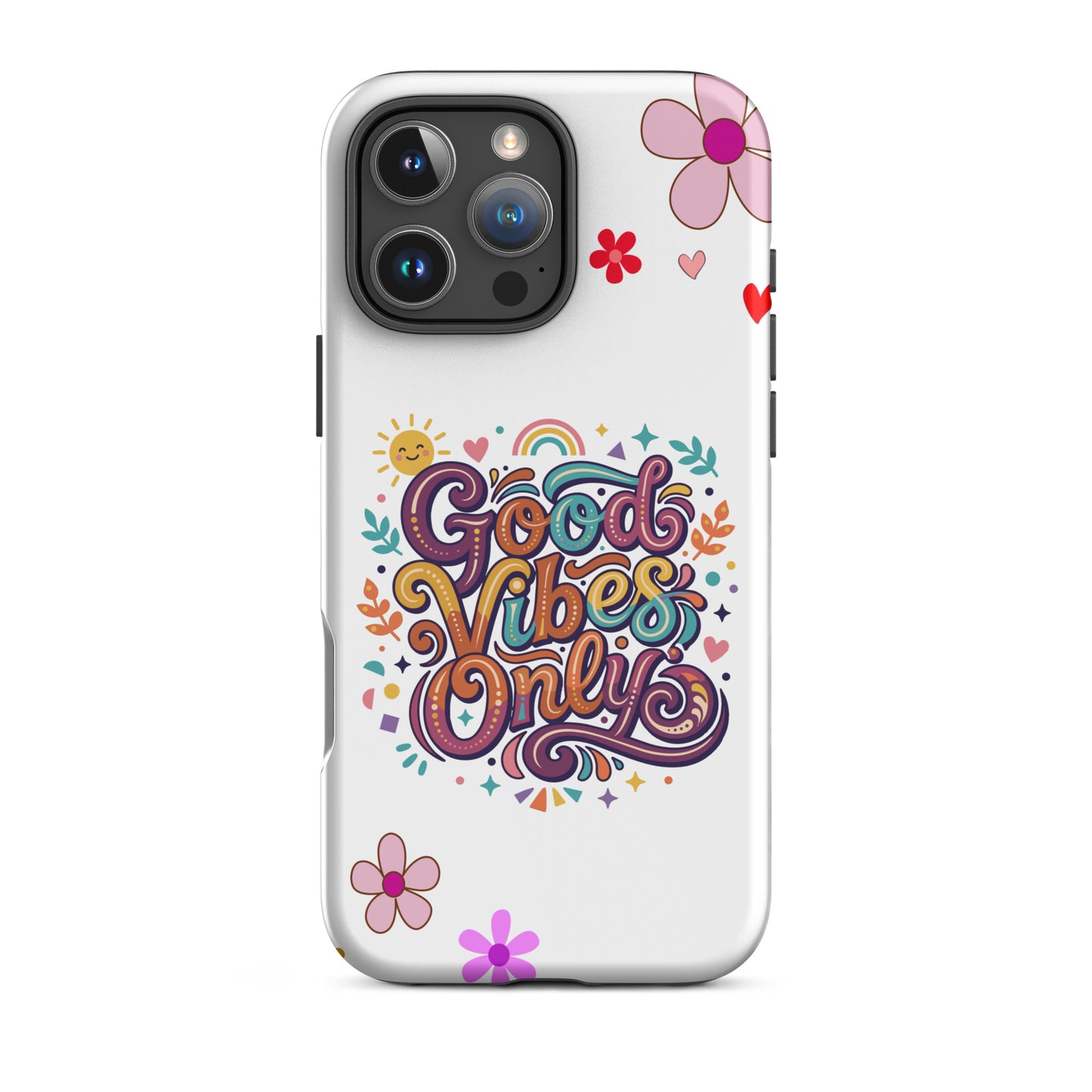 Vibrant iPhone case with 'Good Vibes Only' groovy text, rainbow, sun, and stars in a 70s psychedelic style.