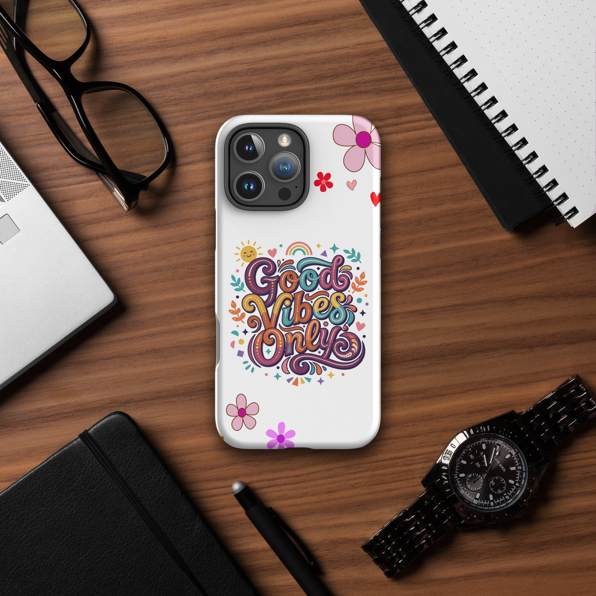 Vibrant iPhone case with 'Good Vibes Only' groovy text, rainbow, sun, and stars in a 70s psychedelic style.