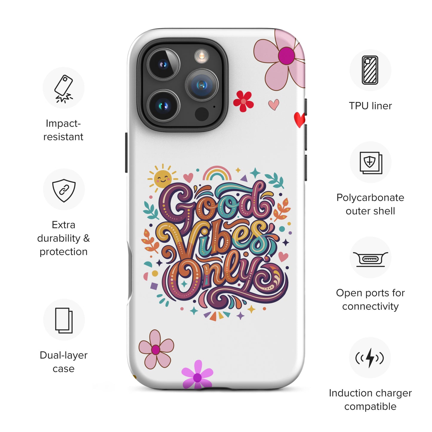 Vibrant iPhone case with 'Good Vibes Only' groovy text, rainbow, sun, and stars in a 70s psychedelic style.