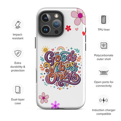 Vibrant iPhone case with 'Good Vibes Only' groovy text, rainbow, sun, and stars in a 70s psychedelic style.