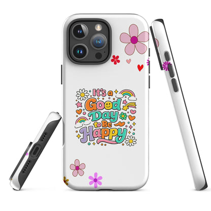 Product mockupRetro colorful typography saying It’s a Good Day to Be Happy with rainbows and daisies on a black iPhone case.