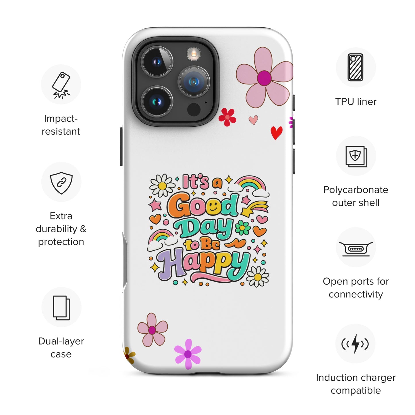 Product mockupRetro colorful typography saying It’s a Good Day to Be Happy with rainbows and daisies on a black iPhone case.