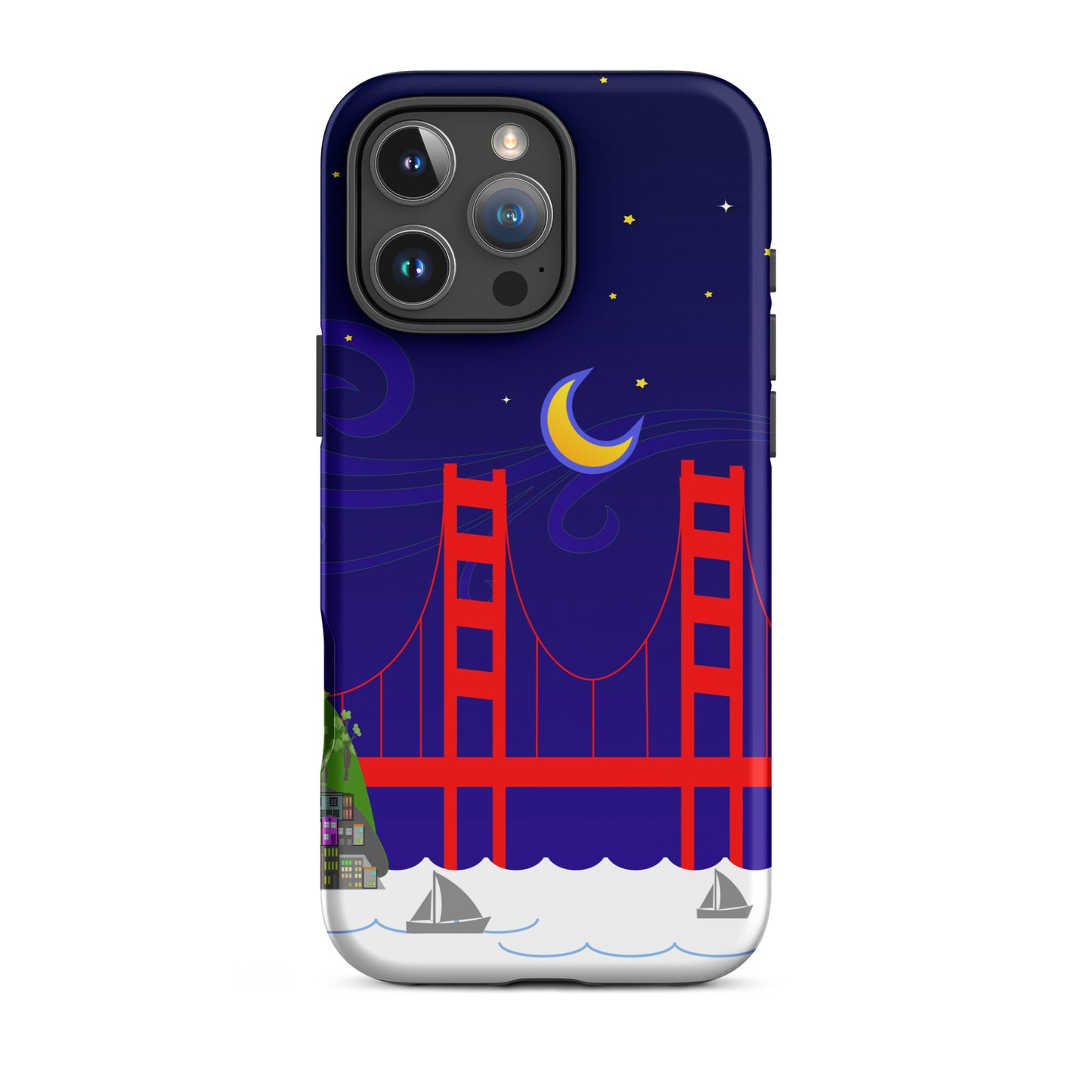 Product Colorful iPhone case featuring a psychedelic Golden Gate Bridge at night with a crescent moon and swirling stars.mockup