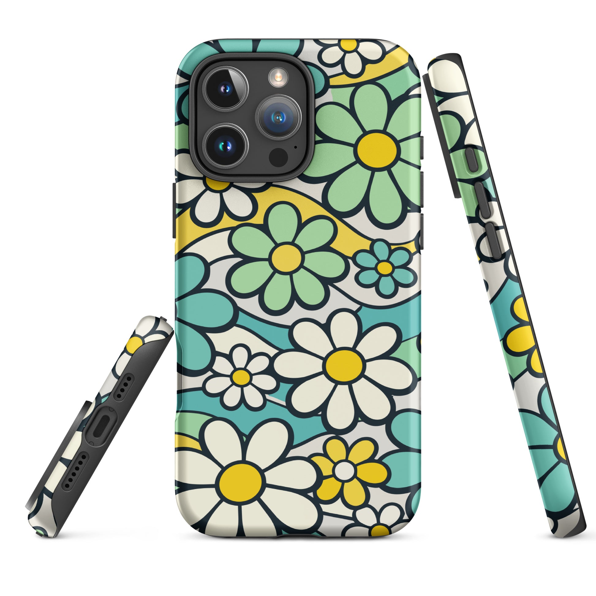 Protective iPhone case featuring a seamless 70s retro floral pattern with teal and yellow daisies and wavy lines.