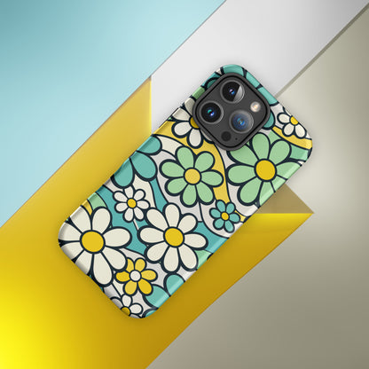 Protective iPhone case featuring a seamless 70s retro floral pattern with teal and yellow daisies and wavy lines.