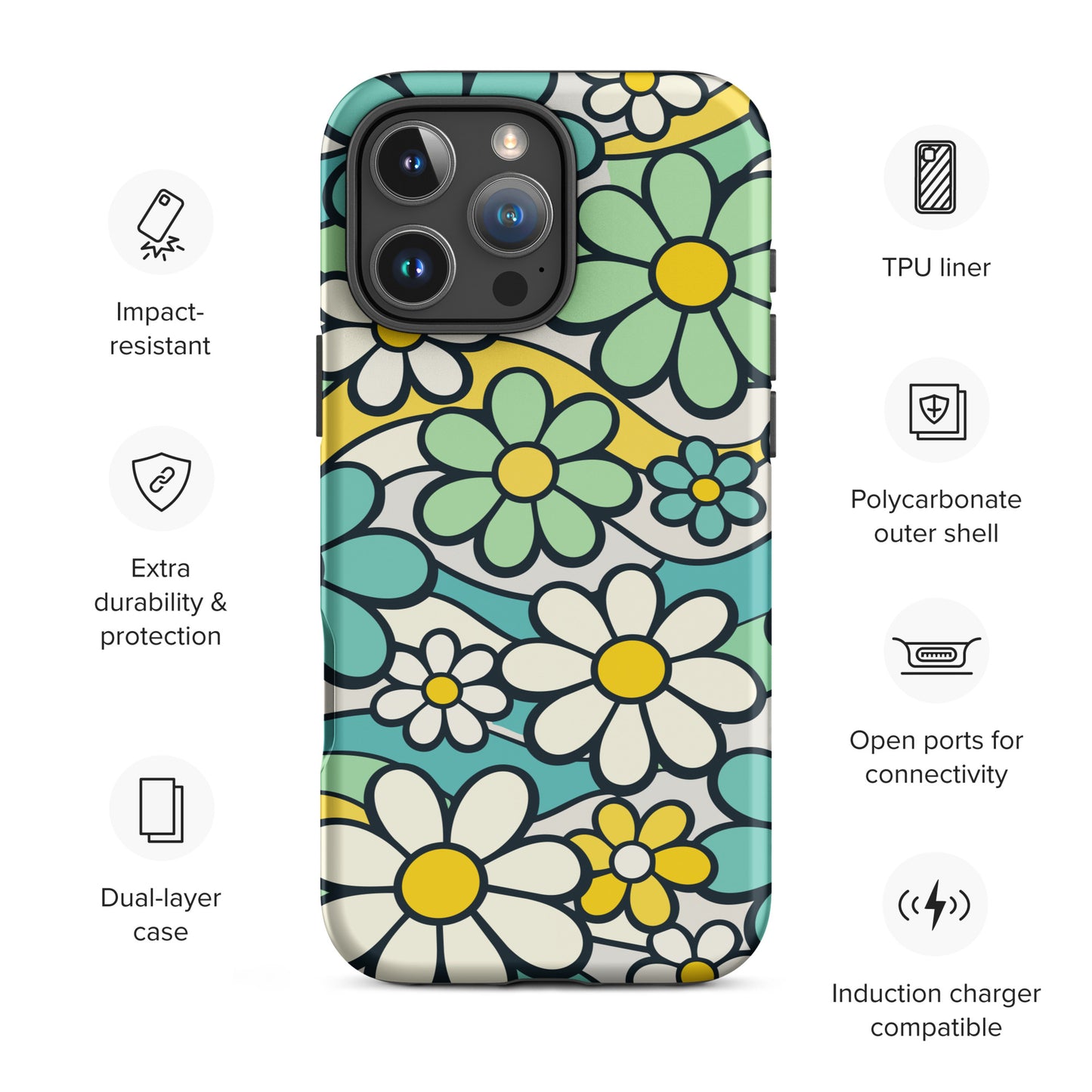 Protective iPhone case featuring a seamless 70s retro floral pattern with teal and yellow daisies and wavy lines.