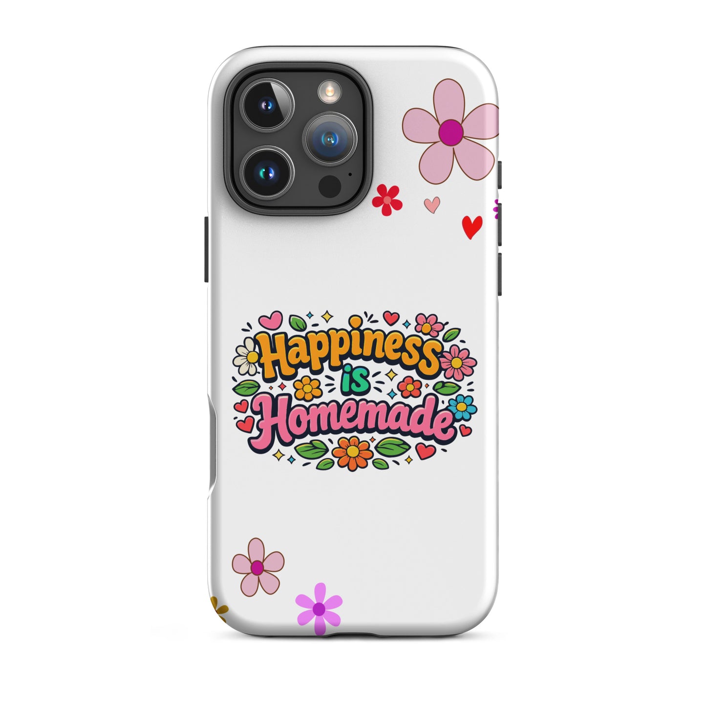 Groovy iPhone case featuring 'Happiness is Homemade' text with 1970s style flowers and hearts on a black background.