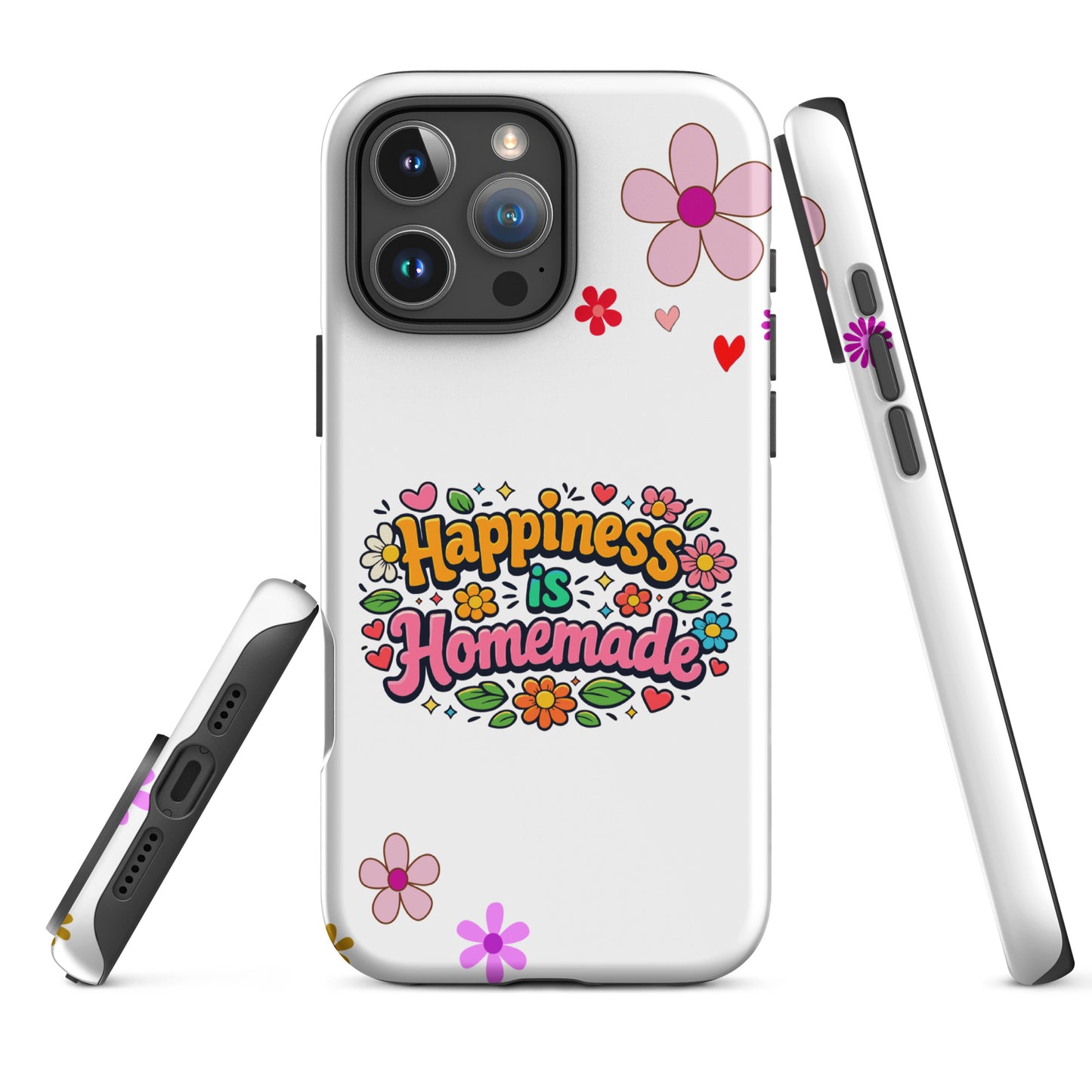 Groovy iPhone case featuring 'Happiness is Homemade' text with 1970s style flowers and hearts on a black background.
