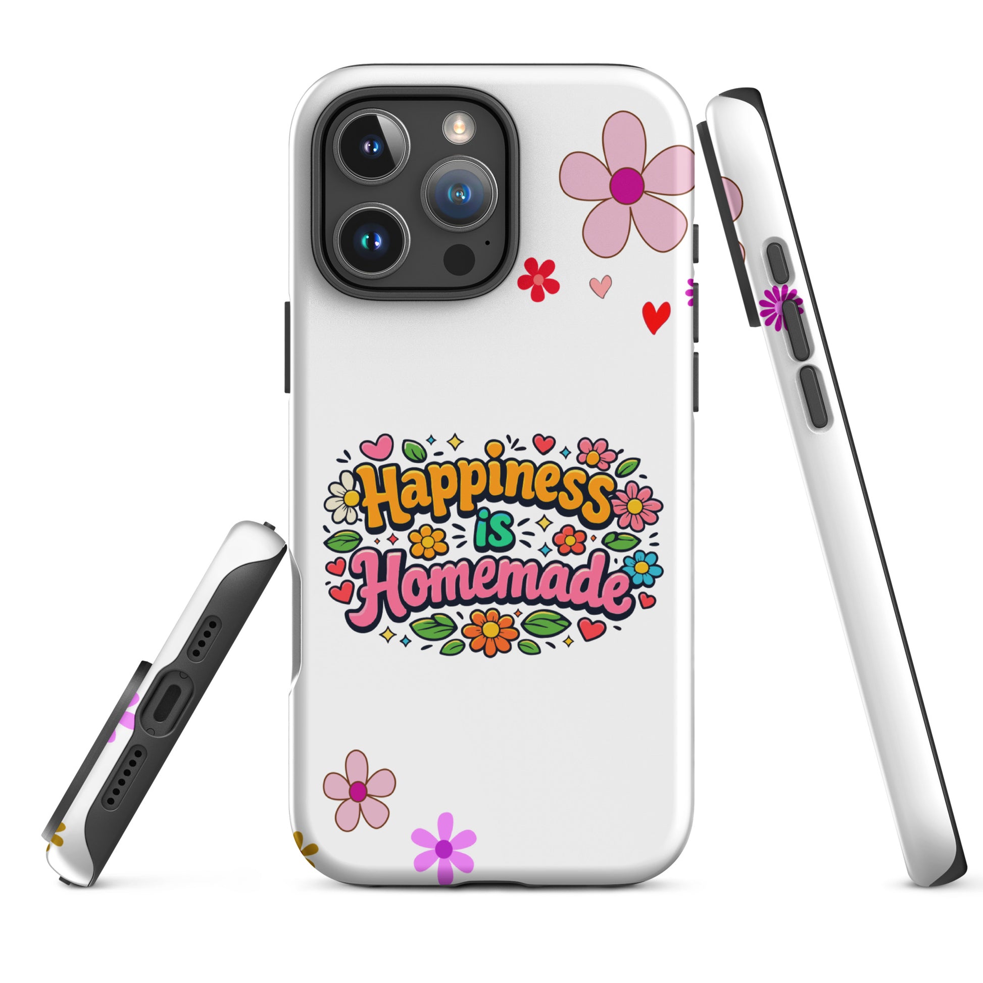 Groovy iPhone case featuring 'Happiness is Homemade' text with 1970s style flowers and hearts on a black background.