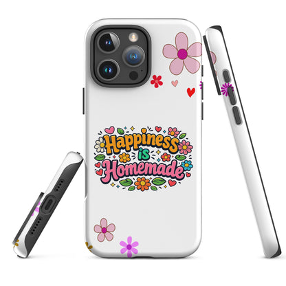 Groovy iPhone case featuring 'Happiness is Homemade' text with 1970s style flowers and hearts on a black background.