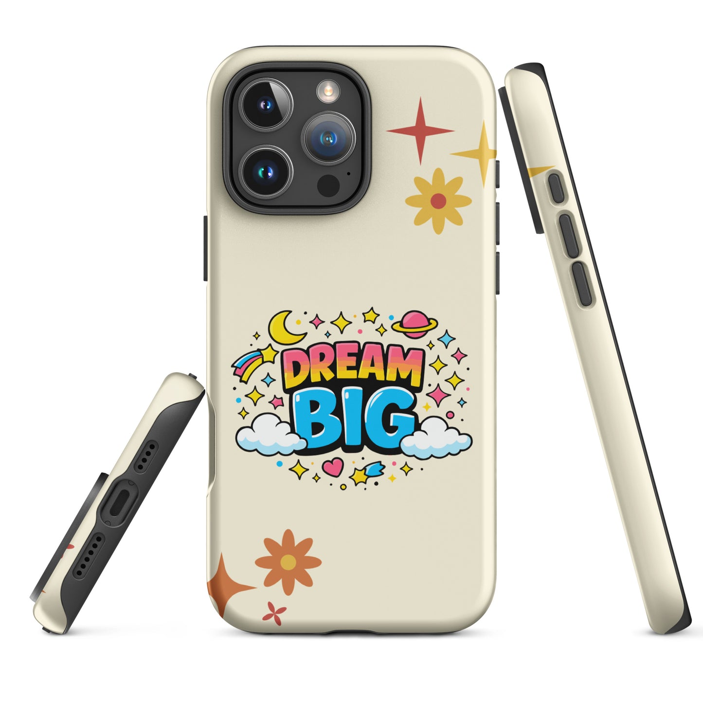 Vibrant Dream Big text with stars and planets in a retro 70s cosmic style on a black iPhone case.